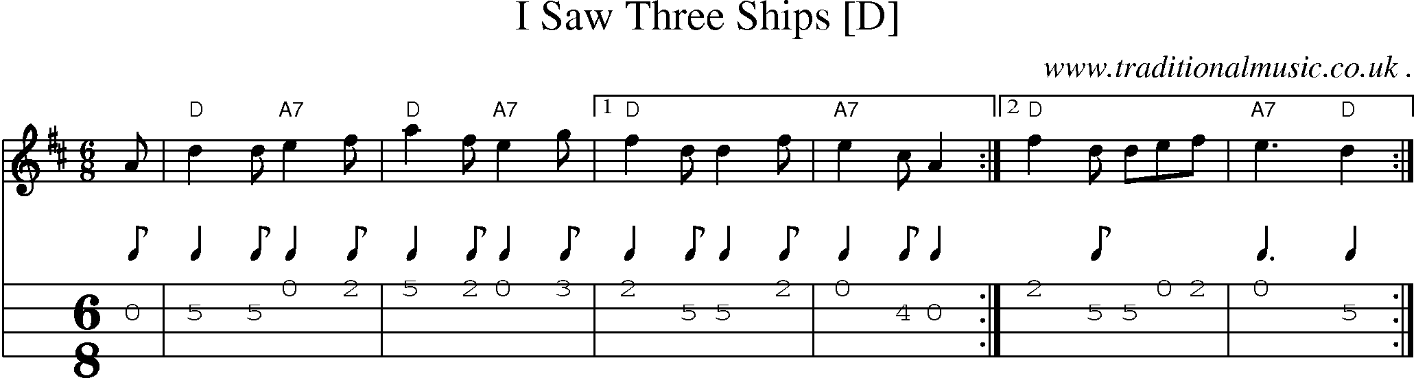 Sheet-music  score, Chords and Mandolin Tabs for I Saw Three Ships [d]